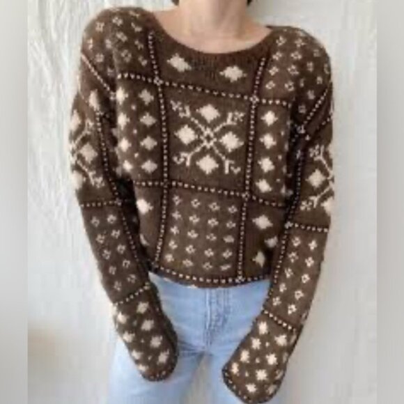 LIZ CLAIBORNE 90s Hand-Knitted Shetland Wool Nordic Sweater Brown Cream L - Picture 2 of 9